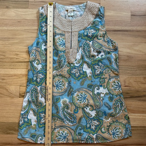 Susan Bristol Boho Paisley Linen Blend Tank Top Size M - Blue and Green - Picture 6 of 6